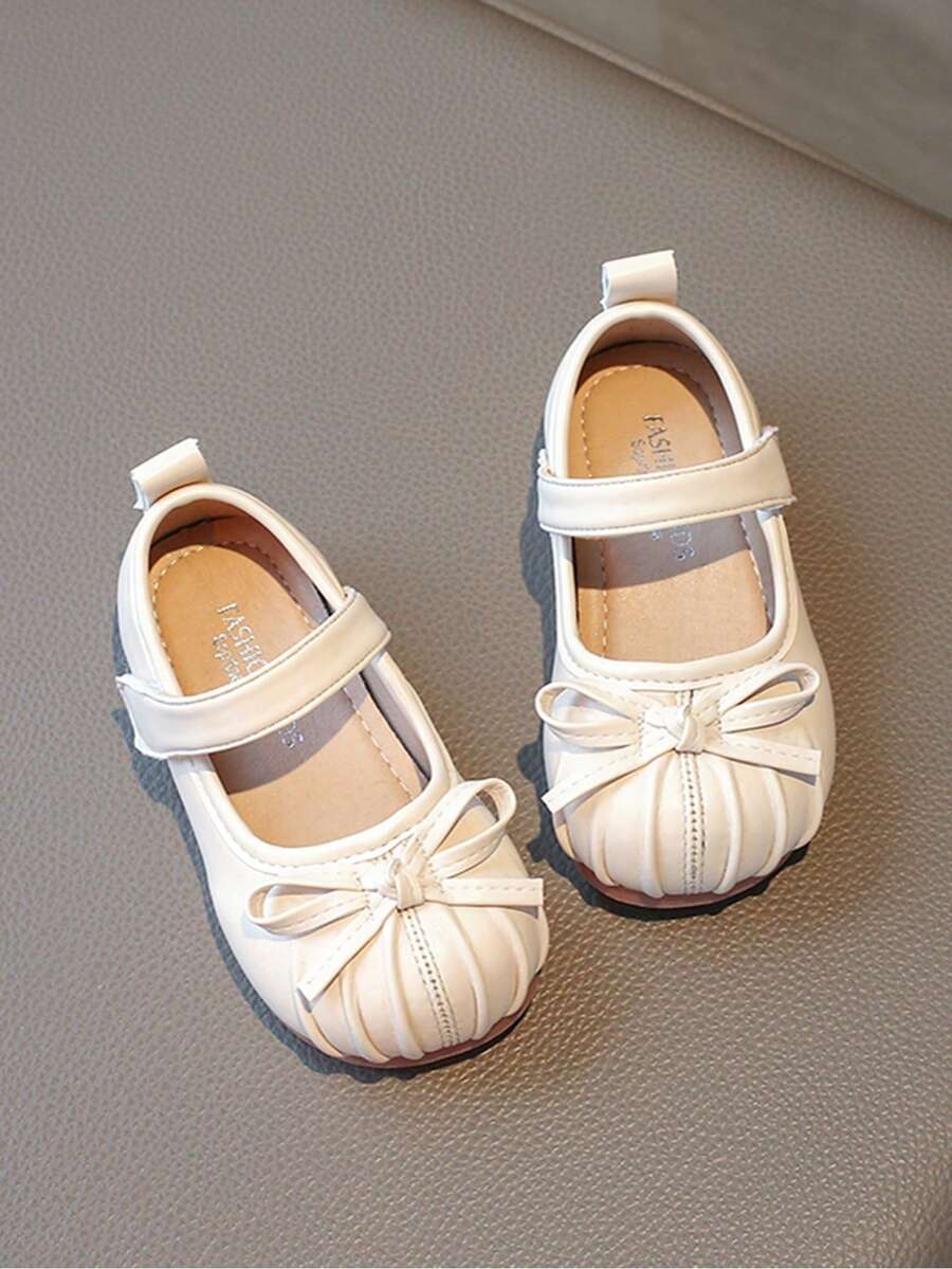 1 Pair Plain Mary Jane Flats With Bow & Flower Design For Girls - Beige - View 1