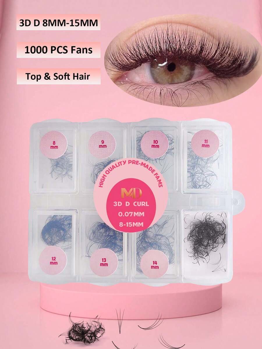 500/1000/2000 片预制睫毛簇，3D 预制睫毛簇，8-15mm 混合长度，D 卷度，预制喇叭形睫毛簇，薄底预制蓬松睫毛嫁接（0.07 D 8-15mm） - D - 查看 1