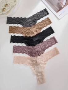 5pcs/Pack Women's Multi-Color Casual Lace Patchwork Low Waist Thong Panty - Multicolor - View 3