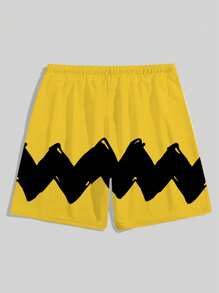 1pc Plus Size Men's Casual Beach Shorts, Loose Fit, Black Wavy Pattern Print, Quick-Dry, Suitable For Everyday Outdoor Vacation, Summer, Hawaiian