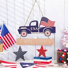 Patriotic Sign 4th Of July Hanging Wooden Truck Plaque With Rope For Wall Front Porch Door Decorations, Independence Day Labor Day Garden Party Supplies