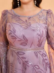 Anpoket, Nuevo Artículo, Cuello Redondo, Elegante, Vestido de Fiesta de Talla Grande, Bordado, Transparente, Manga Volante, Vestido Largo, PARA, Cena - Morado - Ver 2
