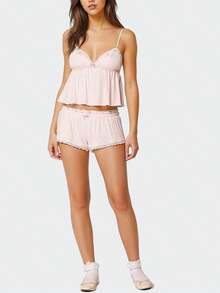 Women's Y2K Summer 2 Piece Pajamas Set Spaghetti Strap Bow Front Ruffle Trim Camisole Crop Tops With Elastic Waist Shorts Lounge Wear 2 Pcs Set - 粉色 - 查看 2