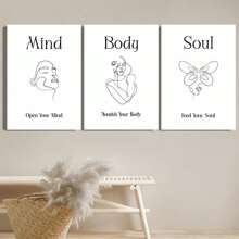 3 piezas Cuadros de pared con marco de madera, pinturas decorativas de lienzo - "Mente y Body", "Avanzando con los Tiempos", "Declaración de Energía Positiva", Mural Zen, Arte de Línea Blanco y Negro, Decoración de Pared para el Hogar, Dormitorio, Sala de Estar