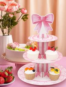 1Set 3 Tiers Pink Bow Cupcake Cake Stand, Pink Theme Party Decoration,Princess Birthday Party Decor Cardboard Cupcake Stand Holder,Cupcake Tower Dessert Holder, Birthday Party BabyShower Party Display Supplies,Table Decor - Pink - View 3
