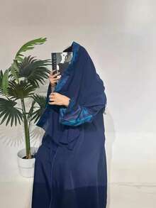 1 Set Women Patchwork Sleeve Elegant Casual Robe & Headwrap, Fashionable Open Front Long Robe, Modest Kaftan - Blue - View 4