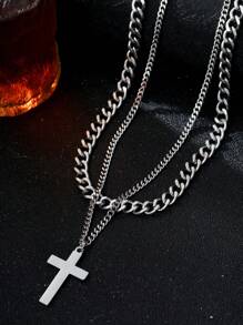 Set de 2 collares con colgante de cruz de acero inoxidable de doble capa, estilo punk y hip-hop para hombres