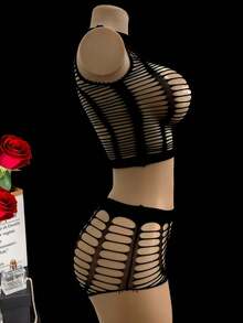 Women's Exotic Fishnet Lingerie Set - Sexy See-Through Cut-Out Bra And Thong - Seductive Underwear For A Sensual Night, Rave