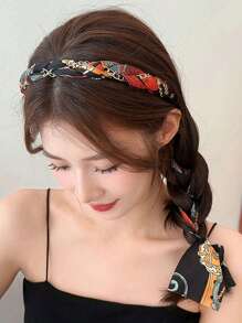 1pc Retro Floral Braided Headband, Women High-End Chiffon Bowknot Elastic Hair Hoop, Female Satin Printed Hairband With Tassel Design,Hairband,Hair Hoop Headbands