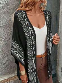 Große Größen Damen Geometrisch bedruckter Fledermausärmel lockere Strickjacke für den Urlaub