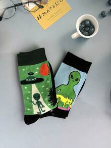 2 Pairs Assorted Alien & Spaceship Series Mid-Calf Socks, Comfortable Fashionable Versatile Fabric For Spring/Summer, Fall