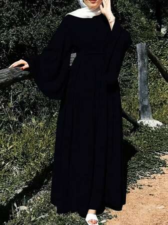 女式优雅纯色喇叭袖连衣裙，春夏