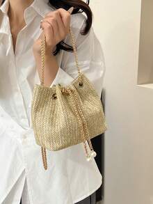 Women's Mini Straw Braided Golden Chain Drawstring Bucket Bag, Beach Bag - Khaki - View 5