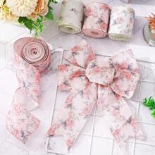 1pc/4pcs Pink Floral Wired Ribbon 2.5 Inch Vintage Rose Flower Ribbon For Bow Wreath Craft Gift Wrap Spring Summer Holiday Wedding Birthday Shower Party Home Decor