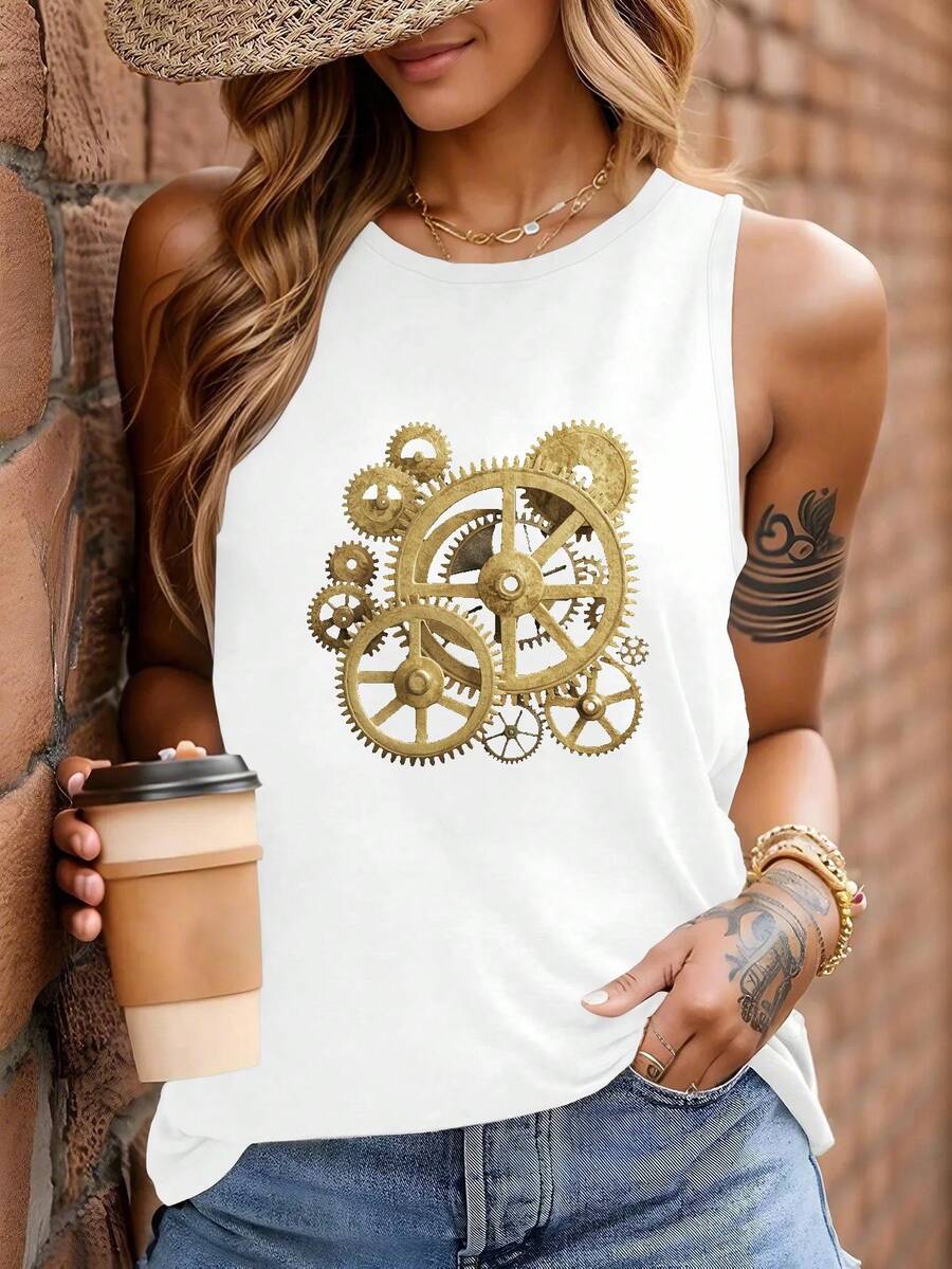 Gears Steampunk Inspired Illustration Women's Vest - White - View 1