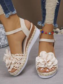 2026 Summer New Women's Beige Linen Mesh Hollow Wedge Thick Bottom Non-Slip Lightweight PU Sole Wrapped Comfortable Linen Lining Fashion Round Toe Cute Elevator Shoes - Rice Leak Toe Big Flower - View 4