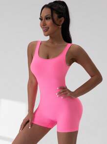 Nahtloser Damen Sportanzug ohne Ärmel und Rücken, Pink