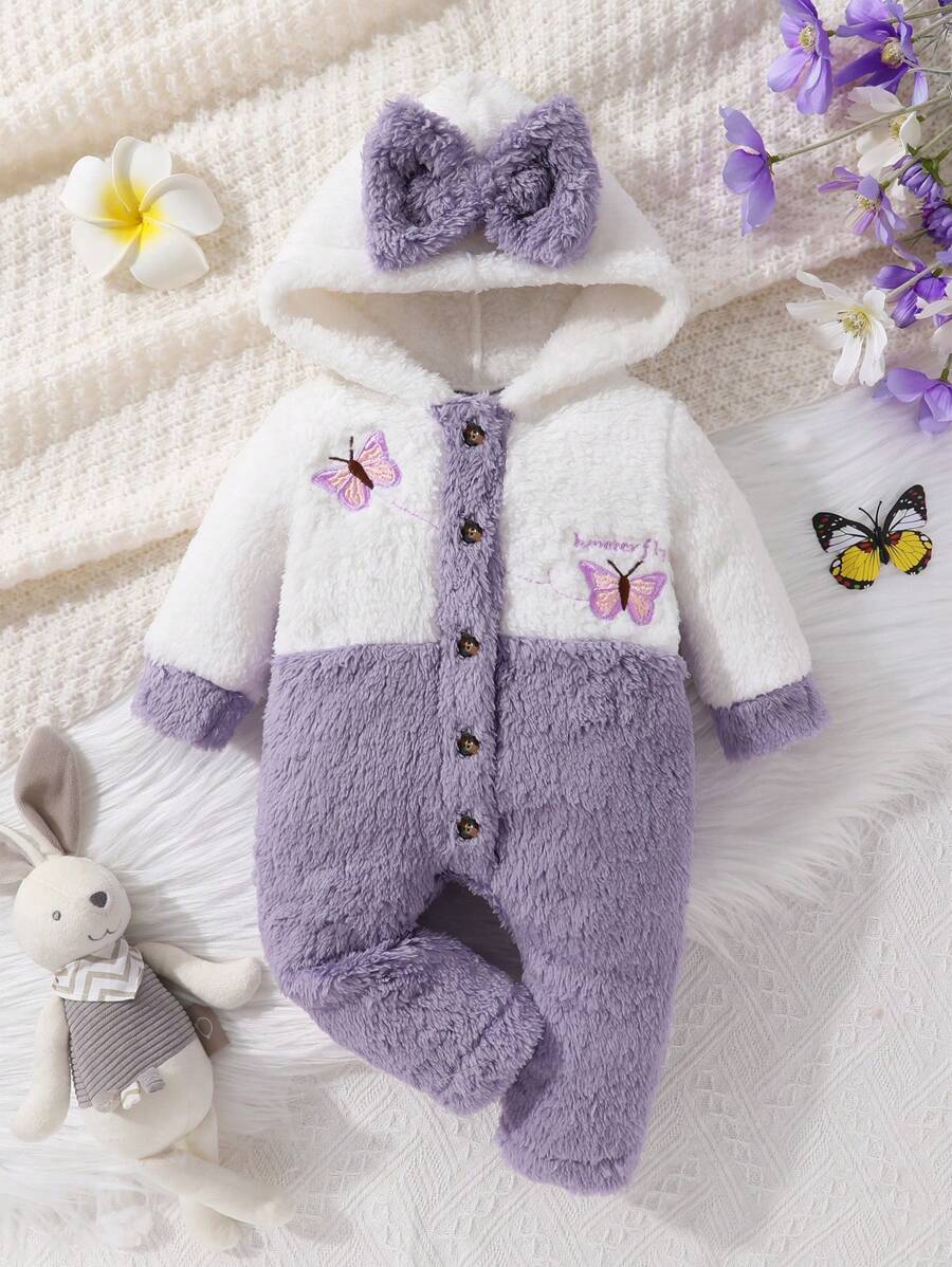 Comfortable And Cute Baby Girl Butterfly Embroidery Color Patch Bow Tie Details Hooded Teddy Bear Jumpsuit, Soft, Comfortable, Warm
