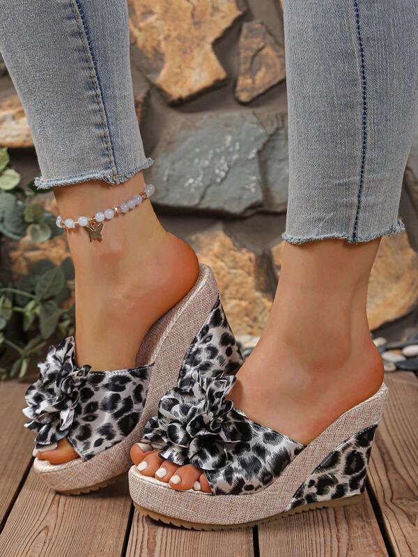 Women's Wedge Platform Sandals - High Heel, Sexy Floral, Fashion Versatile Leopard Print, Peep Toe, Bow Decor, Anti-Slip Canvas Slipper, Color Matching, Indoor/Outdoor Comfort Casual Lightweight Beach Shoes, Platform Espadrille Slip-On