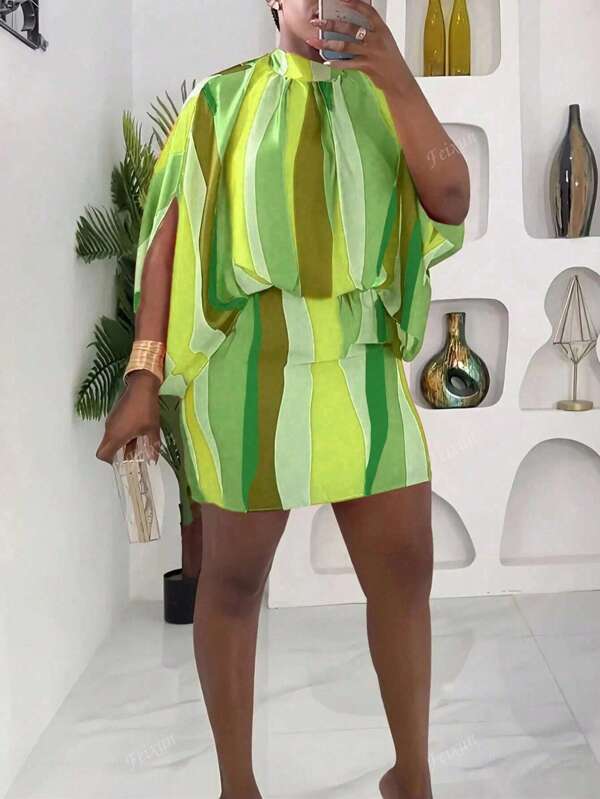 Plus Size Women's Contrast Striped Batwing Sleeve Dress