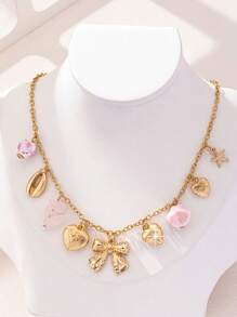 1pc Vintage Love Bow Charm Necklace Ocean Series Multi-Pendant Choker For Women Party Accessories Birthday Gift
