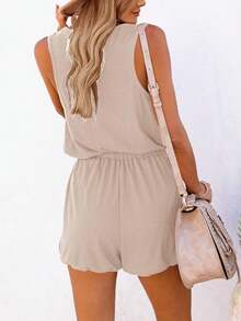 Womens Summer Sleeveless Jumpsuit Scoop Neck Button Down Adjustable Waist Romper With Pockets - Yến mạch - Xem 4