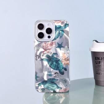 1 pieza Funda de teléfono con diseño de tortuga marina verde, animales acuáticos, olas, estrella de mar, caballito de mar, algas marinas, diseño lindo, simple y moderno, unisex, con patrón de ola asimétrica, ondulación degradada plateada, brillo láser reflectante, compatible con Apple/OPPO/VIVO/Honor/Redmi/Transsion