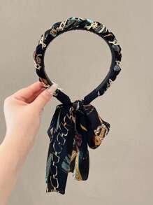 1pc Retro Floral Braided Headband, Women High-End Chiffon Bowknot Elastic Hair Hoop, Female Satin Printed Hairband With Tassel Design,Hairband,Hair Hoop Headbands