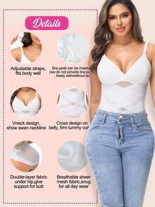 Women's Mesh Cross-Over Shapewear Bodysuit, V-Neck One-Piece Body Suit With Adjustable Straps, Tummy Control, Slimming Waist Trainer, Abdomen Compression, Snatched Fit Body Shaper - 白色 - 查看 2