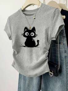 3件套女士休闲时尚修身蝴蝶结装饰印花简约纯色褶皱圆领短袖T恤套装 夏季 - 彩色 - 查看 3