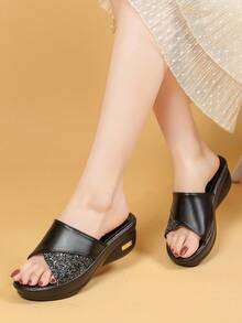 Sandálias de Plataforma Grossa com Laço de Lantejoulas de Moda de Verão, Estilo Euro-Americano, Leves e Confortáveis, para Mulheres