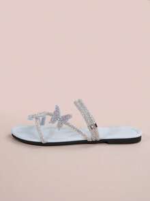 Colorful Rhinestone Bow Decor Dual Wear Women's Sandals, French Style Silver Slippers For Summer/Autumn, Suitable For Dates, Shopping, Party, Banquet, Commute, Business,Beach Outfits - Blue - View 5