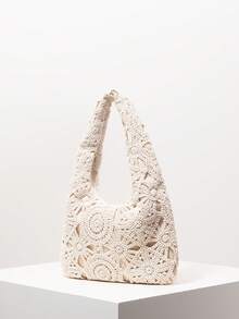 Floral Hollow Knit Woven Women's Shoulder Bag, Bohemia Beach Bag Summer, Premium Style Tote Bags For Ladies, Travel Must Haves, Vacation Outfits Women, Wedding Items, Prom Bag (Pattern Random) - Apricot - View 2