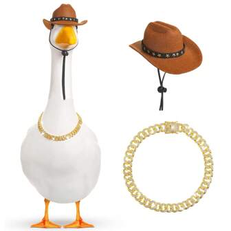 2pcs Western Cowboy Chain Collar Porch Goose Outfits For 23"/ 17'' Lawn Cement Goose Statue Clothes Cowboy Hat With Chain Collar