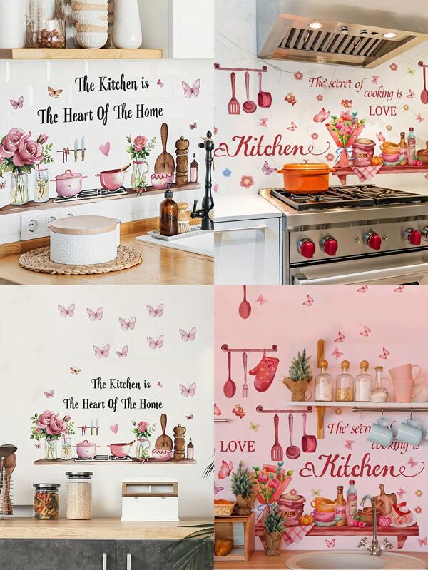 1PC Fashion Butterfly And Kitchen Utensils Vinyl Wall Sticker, Waterproof Decal, For Living Room, Dormitory Decoration, Self-Adhesive, Glitter Effect, Perfect For Home And Office Space Wall Decor Room Decor Stickers Wallpaper Wall Paper Wall Stickers Kitchen Accessories Kitchen Items Kitchen Decor