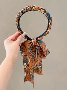 1pc Retro Floral Braided Headband, Women High-End Chiffon Bowknot Elastic Hair Hoop, Female Satin Printed Hairband With Tassel Design,Hairband,Hair Hoop Headbands