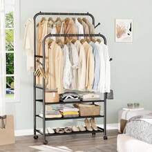 Furologee Double Rods Clothing Garment Rack With Wheels And 3Tier Storage Shelf Clothes Rack For Hanging Clothes With 4 Hooks Portable Closet Wardrobe Organizer For Bedroom Living Room Black - Black - View 3