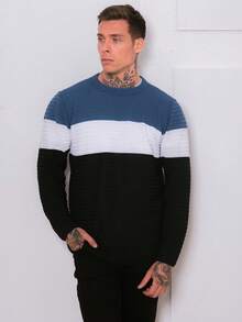 Men's Knitted Sweater Cold-Weather Blouse Round Neck Long Sleeve Wool Blouse - 藍色 - 查看 2
