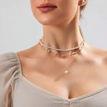 Collar de perlas doradas para mujeres, delicado collar de 3 capas chapado en oro de 18K con perlas falsas en forma de ronda, conjunto de joyería dorada para bodas, regalo para mujeres, regalo del Día de la Madre (2-3 piezas)
