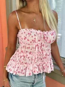 Women Summer Camisole Casual Floral Print Ruched Spaghetti Straps Tank Tops Sleeveless T-Shirt For Club Streetwear