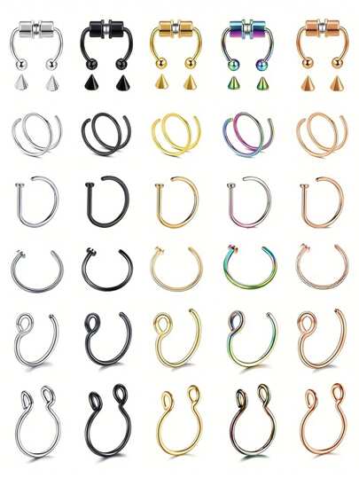 Juego de 6 piezas de anillos de nariz falsos de acero inoxidable para mujeres, aros para el labio, septo nasal sin perforación, estilo punk, joyería corporal de moda para regalos