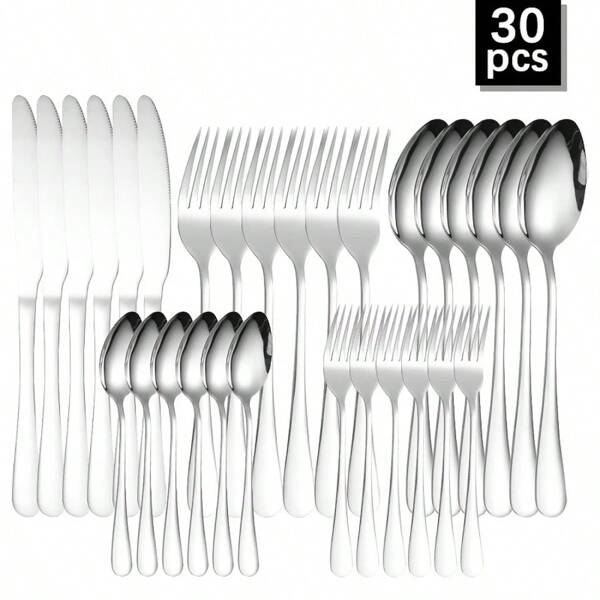 30pcs Stainless Steel Cutlery Set, Silver High-Grade Tableware, 6-Person Dining Set Includes Steak Knives, Forks, Soup Spoons, Dessert Forks, And Tea Spoons, Suitable For Home, Hotel, Restaurant, Gift Box Included,School Supplies