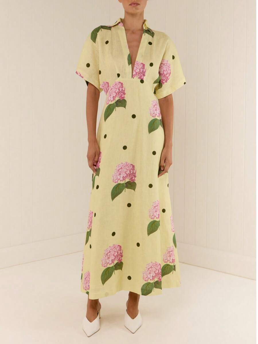 Glouri Women's Floral Print V-Neck Midi Dress - Retro Vintage Summer Dress For Vacation, Garden Party & Casual Outings