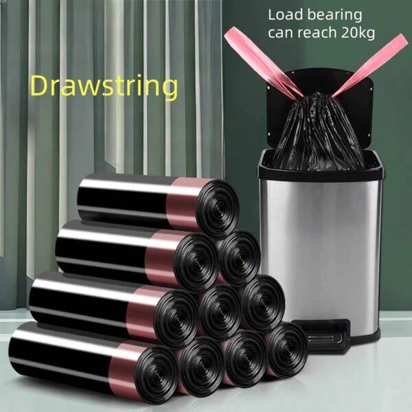 2 Rolls/6 Rolls Drawstring Garbage Bag Thickened Household Kitchen Large Black Plastic Bag Portable Garbage Bag Is Extra Thick, Suitable For Living Room, Bedroom, Bathroom, Kitchen, Bathroom, Hotel