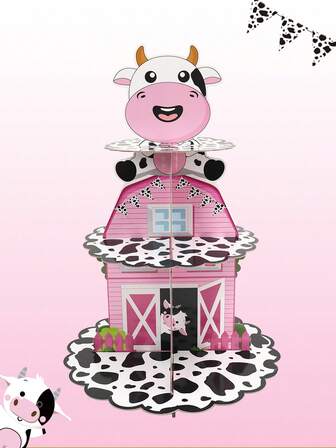1 Juego de 3 niveles Soporte para Cupcakes y Pasteles con Estampado de Vaca Rosa, Decoración de Fiesta de Cumpleaños con Tema de Granja de Vacas, Soporte de Cartón para Cupcakes, Torre de Cupcakes, Soporte para Postres, Suministros de Decoración para Fiesta de Cumpleaños y Baby Shower, Decoración de Mesa