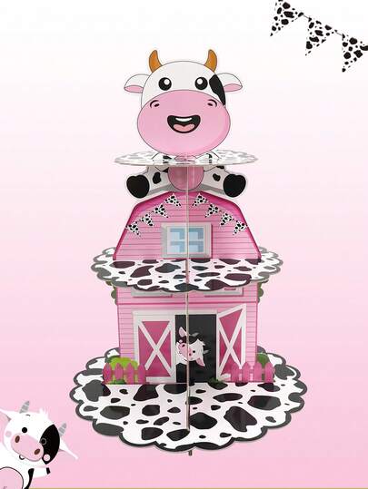 1 Juego de 3 niveles Soporte para Cupcakes y Pasteles con Estampado de Vaca Rosa, Decoración de Fiesta de Cumpleaños con Tema de Granja de Vacas, Soporte de Cartón para Cupcakes, Torre de Cupcakes, Soporte para Postres, Suministros de Decoración para Fiesta de Cumpleaños y Baby Shower, Decoración de Mesa