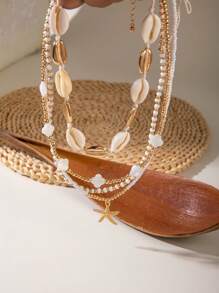 4pcs/Set Bohemian Ocean Style Pearl Beaded Starfish Pendant Necklace Set For Women, Suitable For Beach Party, Gift (Bead & Shell Sizes May Vary)