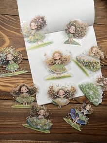 10pcs/Pack Vintage Waterproof Multi-Size PET Girl Sticker Pack, Floral Girl, Cute Cartoon Girl, Cross-Border Stickers For Diary, Planner, Scrapbooking, Decor,School Supplies,Back To School