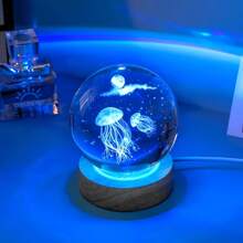 1pc Jellyfish Mood Light With Wooden Base - USB Powered Glass Desktop Lamp With Color Changing Geometric Pattern, Animal Themed Home Decor, Living Room Table Lighting, Ideal Gift For Birthday, Valentine's Day, Christmas