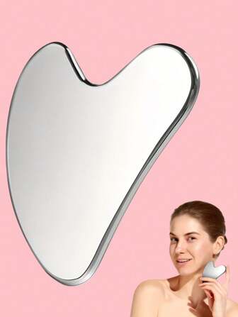 304 不锈钢刮痧面部工具 - 面部按摩工具 - 光滑坚固的金属刮痧工具，用于面部身体减少浮肿 - 按摩刮刀心形产品（银色）